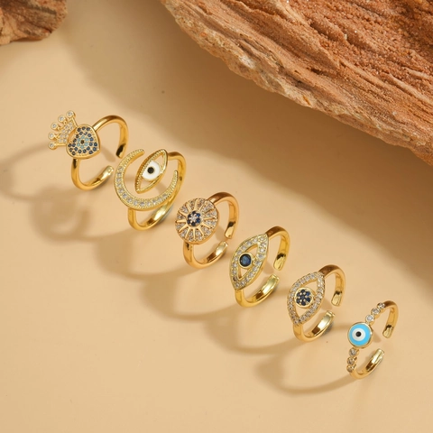 Evil Eye Verstelbare Open Ring Koper Zirkonia Emaille Hart Kroon Maan Sieraden Voor Dames