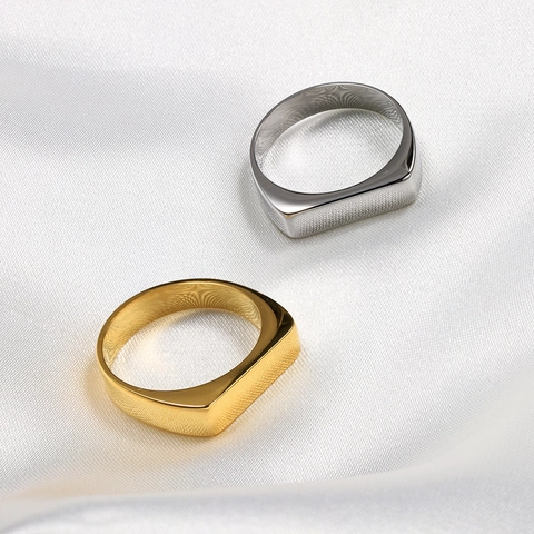 Signet Ring Stainless Steel 18K Gold Plated Minimalist Square Flat Top Mirror Polished Jewelry For Men Unisex