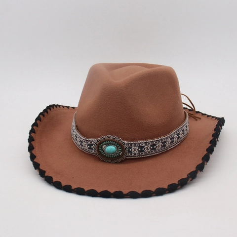 Cappello Cowboy Western Fedora Con Fascia Ricamata Etnica Decorazione Pietra Turchese Bordo Festonato Feltro Tesa Larga Sole