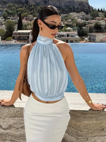Women Halter Neck Tank Top Sexy Backless Ruched Pleated Sleeveless Camisole Fashion Streetwear Solid Color Polyester
