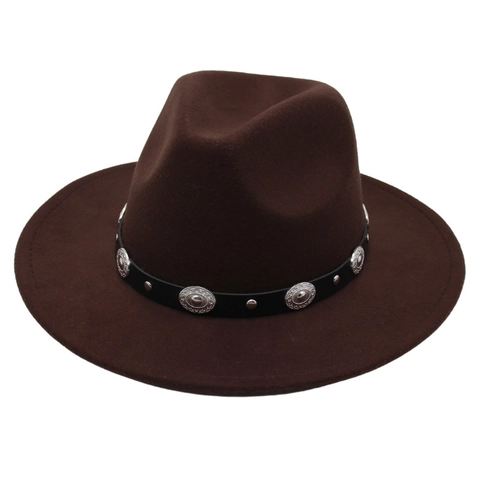 Wide Brim Fedora Hat Cotton Wool Blend Felt Metal Rivet Leather Band Western Cowboy Retro Jazz Style For Men Women