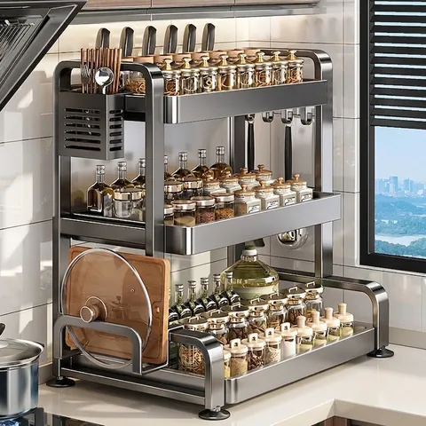 Kitchen Spice Rack Carbon Steel Multi Layer Countertop Organizer With Knife Holder Cutting Board Rack Modern Home