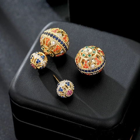 Vintage Luxury Gold Plated Copper Hollow Out Ball Stud Earrings Colorful Zirconia Inlaid With 925 Sterling Silver Earring Post
