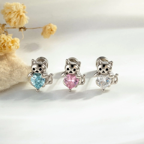 Cute Cat Heart Zircon Ear Cartilage Stud Earring With Titanium Steel Pin Screw Back For Women Girly Piercing Jewelry