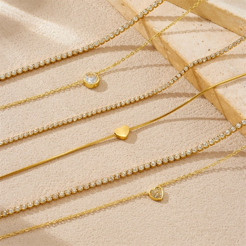Layered Stainless Steel Necklace Gold Plated Heart Round Pendant Rhinestone Tennis Chain For Women