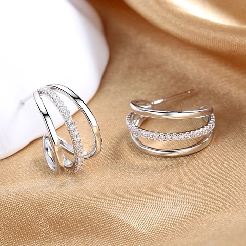 Drie Rijen C-Vormige Creolen Koper Cubic Zirconia Inlay Minimalistische Mode-Sieraden Voor Dames