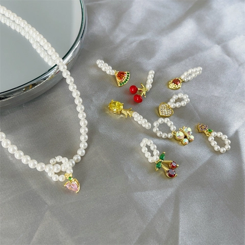 Faux Artificial Pearl Necklace Fruit Pendant Brass Gold Plated Detachable DIY Zircon Enamel Clavicle Chain For Women Jewelry