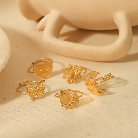 Anelli Aperti Regolabili Vintage Francese Placcati Oro 18K Acciaio Al Titanio Cuore Stella Luna Farfalla Gioielli Donne