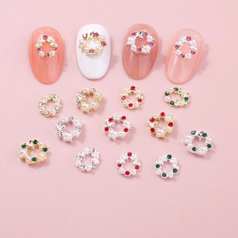 Weihnachtskranz Nagelkunst Anhänger Legierung Strass Künstliche Perle Hohl Schmuck Für Winter Maniküre Festlich Dekoration