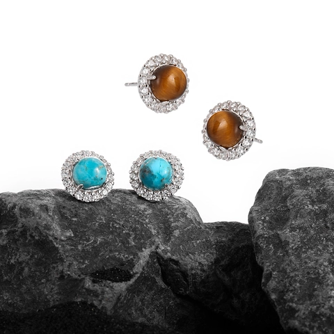 Pendientes de Botón Redondos de Plata de Ley S925 Con Turquesa Natural Ojo de Tigre Circonia Incrustada Joyería Vintage para Mujer