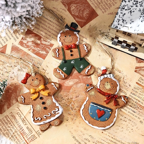 Resin Gingerbread Man Christmas Tree Hanging Ornaments Cookie Texture Festive Holiday Party Decorations With Jute Rope