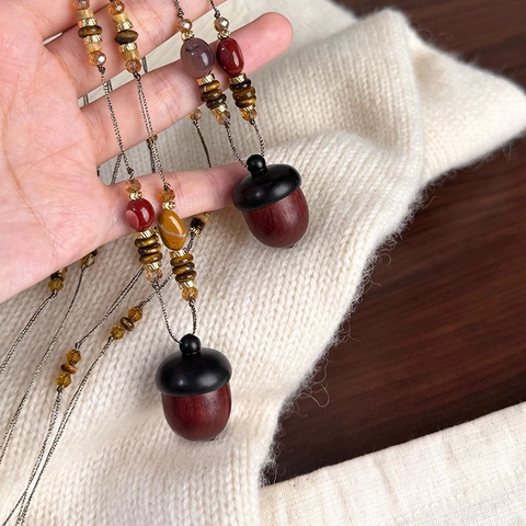Collana Con Pendente A Ghianda Legno Pietra Perline Stile Etnico Retro Catena Lunga Per Maglioni Gioielli Per Donne