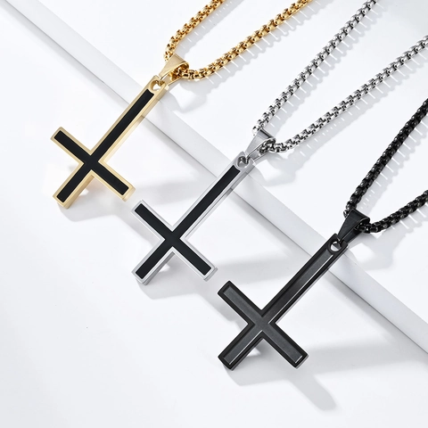 Minimalist Stainless Steel Inverted Cross Pendant Necklace Men Punk Gothic St Peter Cross Enamel Pendant Jewelry Gift