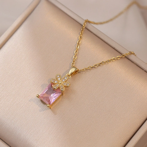Bloem Zirkoon Hanger Ketting En Oorbellen Sieraden Roestvrij Staal Geometrische Roze Steen Voor Vrouwen Mode Accessoire