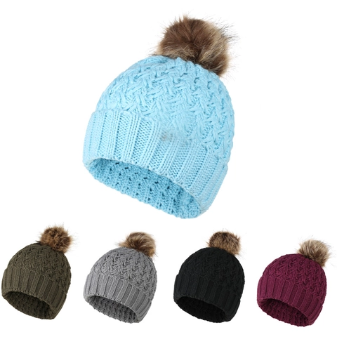 Women Knitted Beanie Hat Warm Winter Cable Knit Acrylic With Faux Fur Pom Pom Ribbed Cuff Solid Color