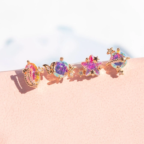 18K Gold Plated Brass Zirconia Star Moon Planet Butterfly Stud Earrings Iridescent Sweet Cute Women Fashion Jewelry