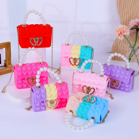 Kids Girls Heart Pop Fidget Crossbody Bag Silicone Shoulder Handbag With Imitation Artificial Pearl Handle And Alloy Chain Strap Cute