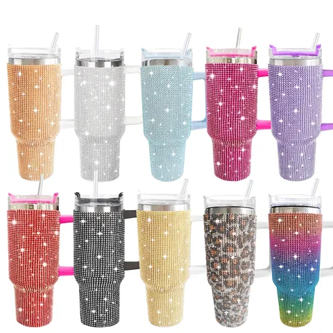Rhinestone 304 Stainless Steel Insulated Tumbler With Handle And Straw Vacuum Portable Glitter Patterned Travel Cup