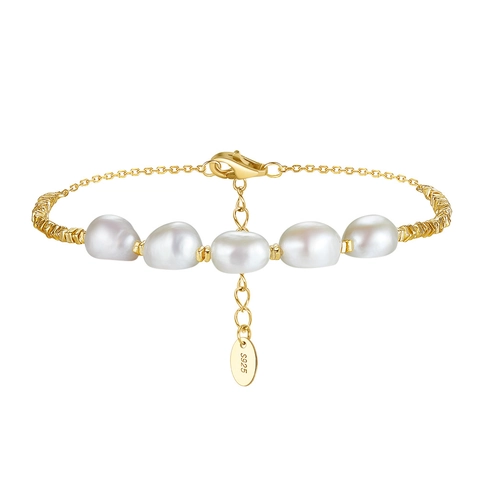 925 Sterling Silver Freshwater Pearl Bracelet For Women Vintage Gold Plated Adjustible Chain Link Elegant Handmade Jewelry