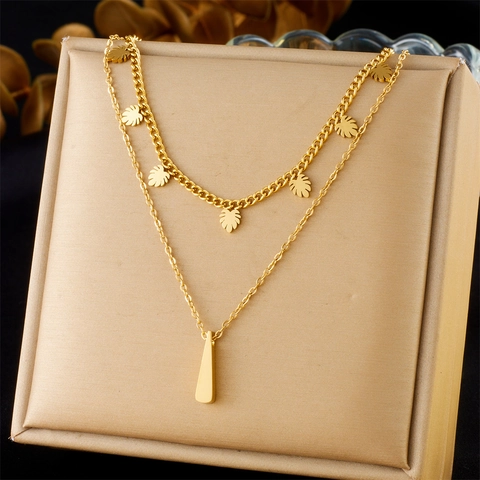 Double Layer Necklace Gold Plated Stainless Steel With Leaf And Bar Pendants Stackable Minimalist Jewelry For Women