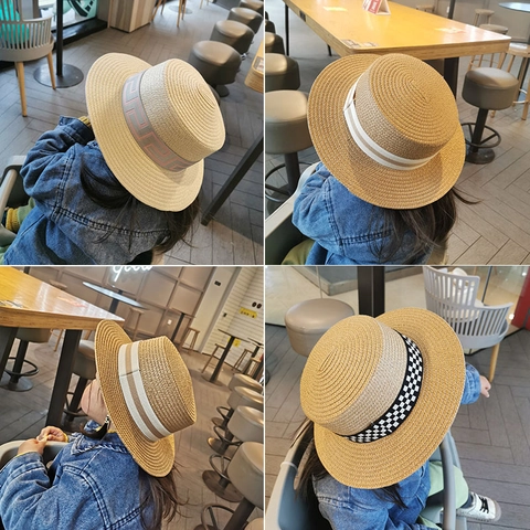 Kids Straw Boater Hat Flat Top Sun Protection Beach Summer Holiday Travel Ribbon Decoration Boys Girls