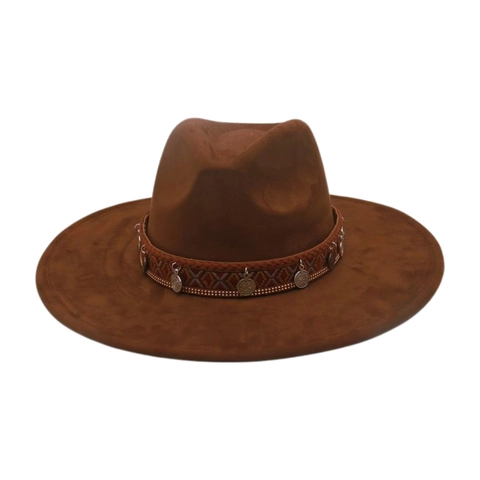 Retro Fedora Hoed Met Brede Rand Etnische Gevlochten Band Metalen Munten Boho Stijl Suède