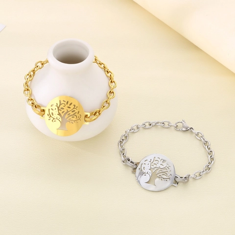 Bracciale Albero Della Vita Acciaio Inossidabile Ciondolo Tondo Cavo Catena A Maglie Gioielli Eleganti Oro E Argento