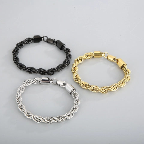 Rope Chain Bracelet Stainless Steel Twisted Link Simple Fashion Jewelry For Men Women Unisex With Lobster Clasp Accessory