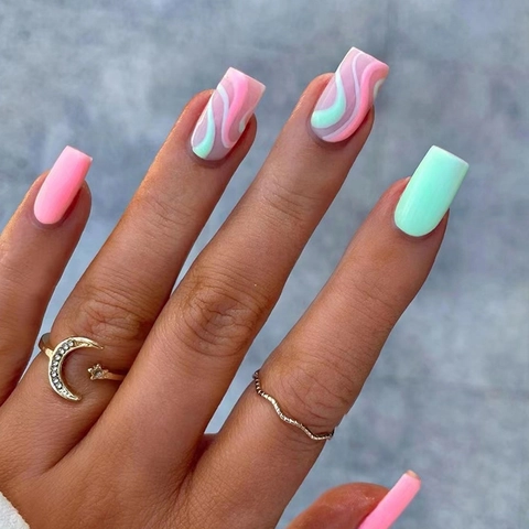 Pink Green Wavy Pattern Press On Nails Square Medium Length Sweet Fresh Dopamine Style Artificial Fake Nails