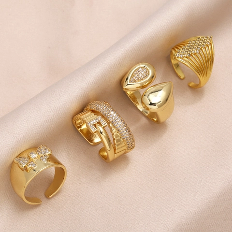 Vintage Gold Plated Copper Open Rings With Zircon Bowknot Belt Buckle Teardrop Designs Adjustable Finger Jewelry For Women