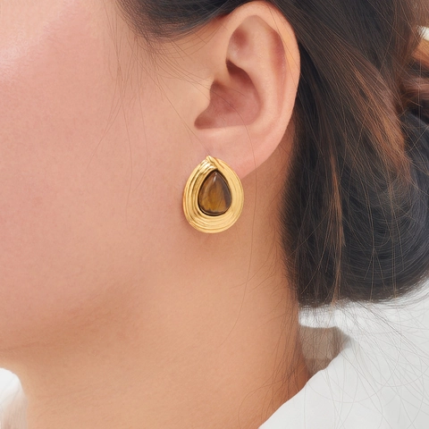 Vintage Teardrop Stud Earrings Stainless Steel 18K Gold Plated Natural Tiger Eye Stone Faux Artificial Pearl Retro French Style Jewelry