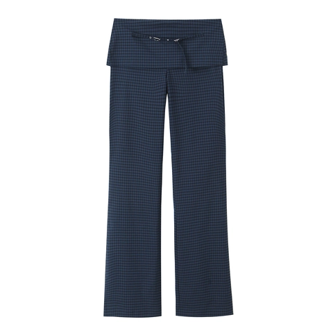 Women Plaid Straight Leg Pants Polyester High Fold Over Waist Trousers With Metal Buckle Belt Casual Fashion Vintage Style
