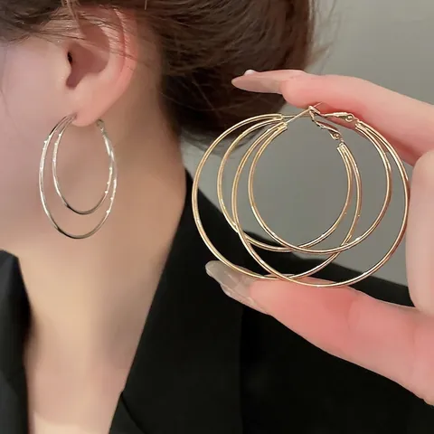 Glänzende Zweilagige Runde Creolen Mit 925 Sterling Silber Ohrstecker Minimalistischer Geometrischer Kupferschmuck Für Damen