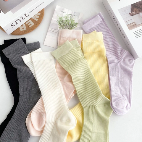 Women Cotton Slouch Socks Ribbed Breathable Japanese JK Style Solid Candy Color Sweet Retro Calf High Fashion Socks