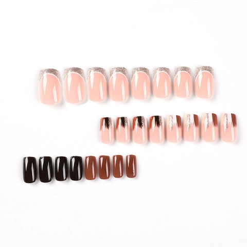 French Style Press On Nagels Lang Rechthoekig Bruin Gradiënt Goud Glitter Glanzende Kunstnagels Manicure Voor Vrouwen