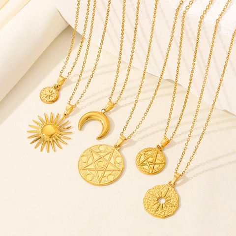 Celestial Pendant Necklace Stainless Steel Vacuum Plated 18K Gold Sun Moon Star Pentagram Charm Bohemian Jewelry Women