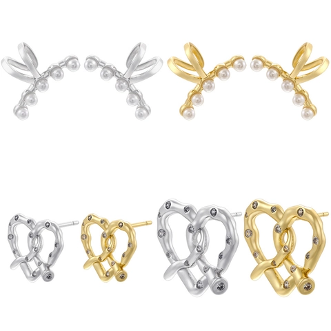 French Elegant Brass Artificial Pearl Heart Stud Earrings Vintage Luxurious Rhinestone Pretzel Knot Earrings For Women Jewelry