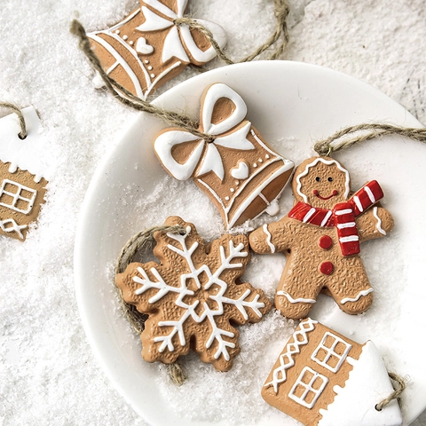 Pendenti Natalizi In Resina Omino Di Pan Di Zenzero Fiocco Di Neve Campana Casa Decorazioni Per Albero Con Corda Di Canapa