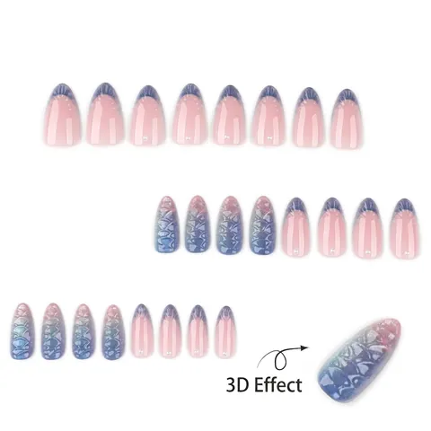 Franse Press On Nagels 3D Vissenschubben Textuur Amandelvorm Met Kunstparels Gradiënt Aurora Poeder Kunstnagels Dames