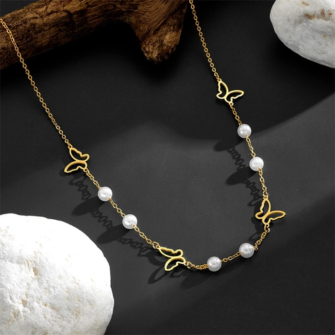 Collar Con Colgante De Mariposa Hueca De Acero Inoxidable Y Perla Artificial Cadena De Clavícula De Moda Para Mujer Joyería Elegante