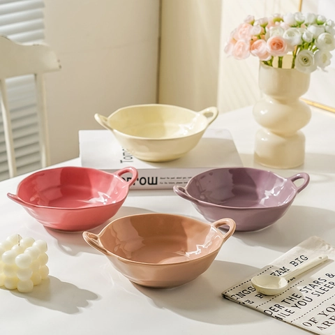 Bol De Cerámica Con Doble Asa Cuenco Para Sopa Ensalada Irregular Estilo Ins Color Sólido Postre Fideos Vajilla Porcelana