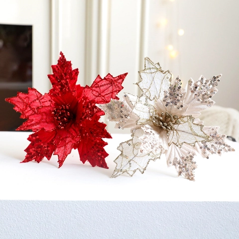 Artificial Christmas Poinsettia Flowers Glitter Sequins Mesh Fabric Tree Ornaments DIY Home Festive Wedding Decor Shiny