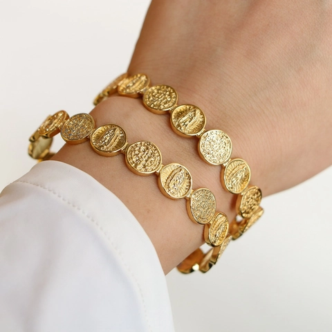 Vintage Religious Coin Medallion Bangle Copper 18K Gold Plated C-Shaped Adjustable Bracelet Luxury Jewelry