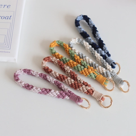 Portachiavi Con Cinturino Da Polso In Corda Di Cotone Intrecciata A Mano Trama A Righe Macramè Anello In Metallo Accessori