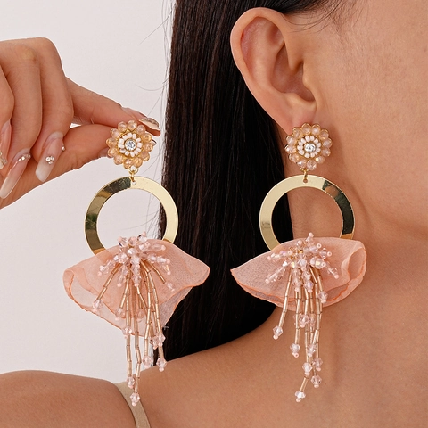 Flower Tassel Hoop Earrings With Silver Earring Post Alloy Rhinestone Chiffon Vacation Bohemian Style Women