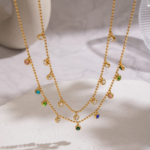 Double Layer Necklace Gold Plated Stainless Steel With Zircon Ball Chain Waterproof Hypoallergenic Elegant Jewelry For Women