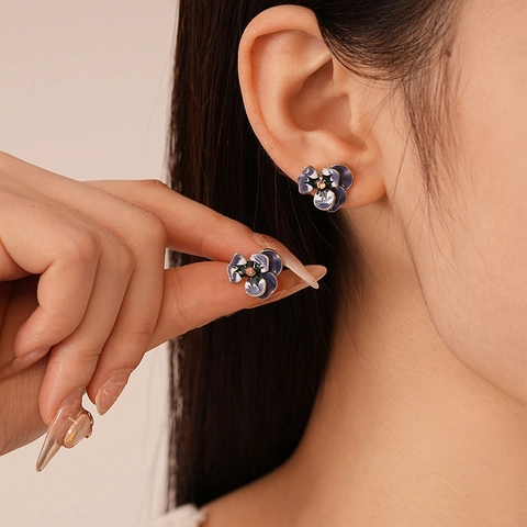 Boucles D'oreilles Pensée Émail Alliage Strass Avec Tige En Argent Style Français Vintage Bijoux Pour Femmes