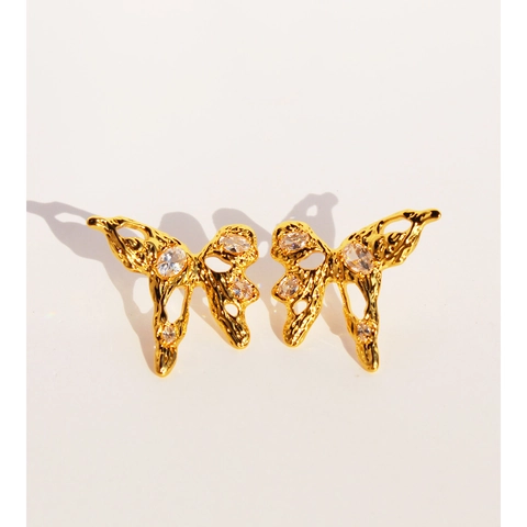 Liquid Metal Butterfly Stud Earrings Brass With Zircon And 925 Sterling Silver Earring Post Niche Design For Women