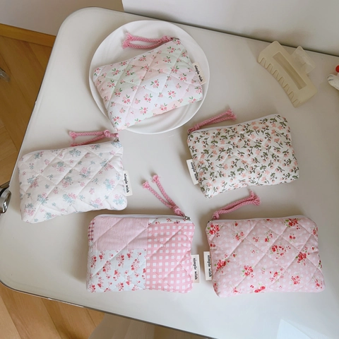 Mini Quilted Floral Cotton Coin Purse Zipper Pouch For Lipstick Earphone Sanitary Pad Storage Sweet Fresh Patchwork