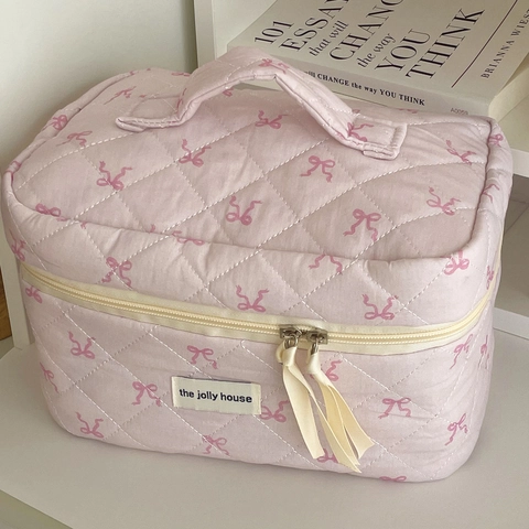 Pink Quilted Cotton Cosmetic Bag Sweet Bow Pattern Travel Toiletry Organizer Handheld Makeup Pouch Storage